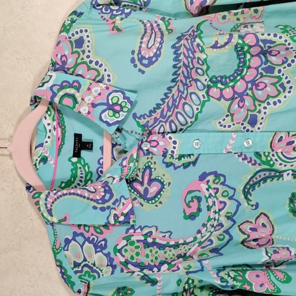 02531 Talbots aqua w/blue, pink & green cotton L/S shirt 1X - Picture 2 of 10